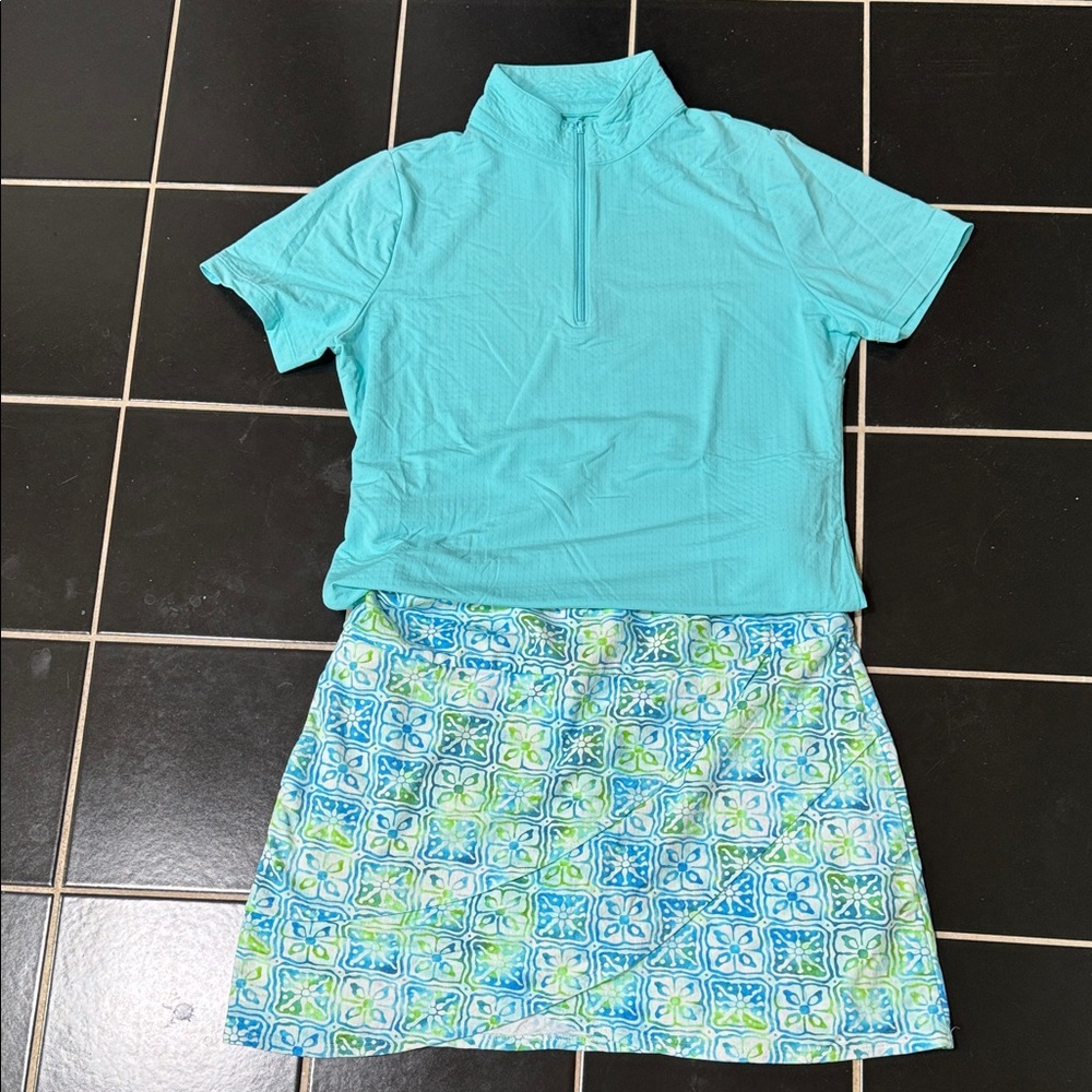 IBKUL Aqua Zip Collar Top matching tiered block print themed golf skirt sz S